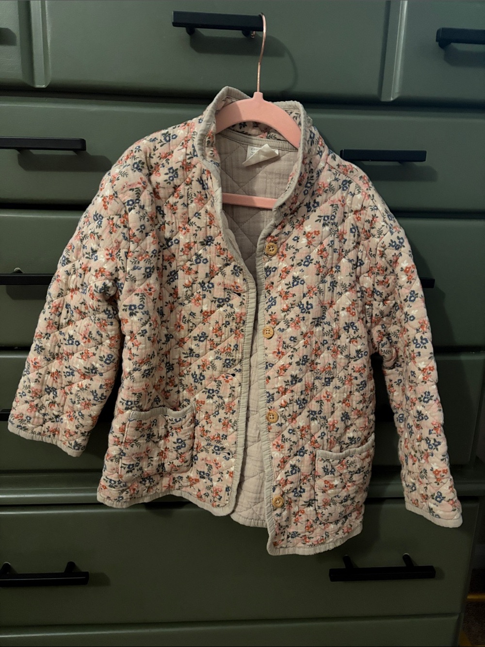 Girls' Quilted Floral Puffer Jacket - Cream with Pink & Blue Flowers